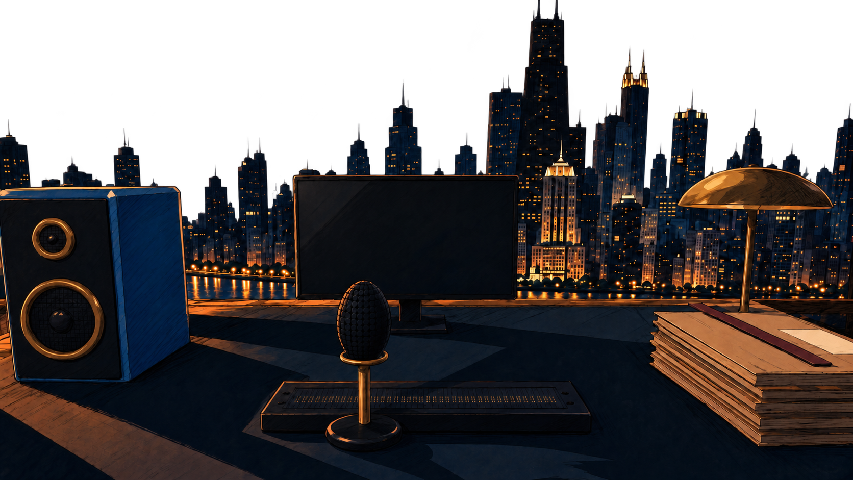 A hand-inked office overlooking the city at dusk, with a blue speaker, monitor and legal files on the desk.